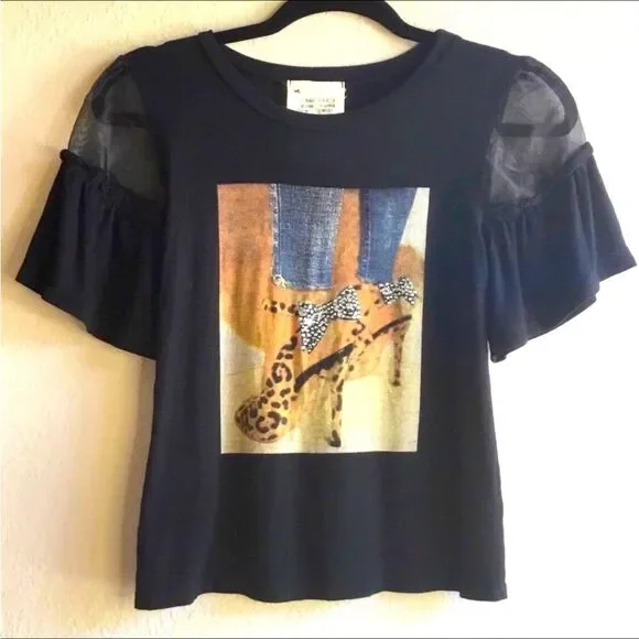 Mesh sleeve tshirt with black bow stiletto print bling chic artsy - Picture 1 of 5